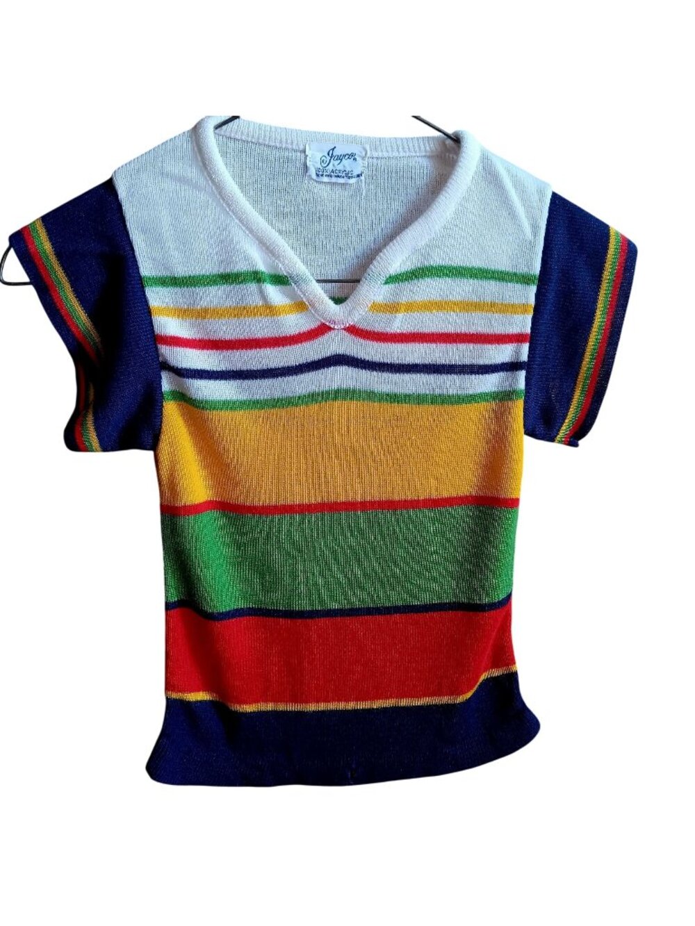 True Vintage XS Rainbow Knit Boho Top Jayco Striped 100% Acrylic V-Neck 1970s